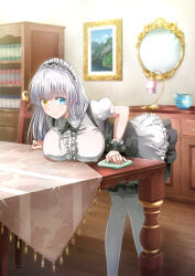 Rule 34 | 1girl, apron, bent over, black dress, blue eyes, bookshelf, breasts, cleaning, closed mouth, covered erect nipples, dress, emoi do, grey hair, grey pantyhose, heterochromia, highres, indoors, lamp, large breasts, looking at viewer, maid, maid apron, maid headdress, mirror, non-web source, original, pantyhose, picture frame, short sleeves, smile, solo, table, thighhighs, wiping, wooden floor, wrist cuffs, yellow eyes