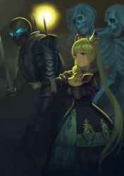 Rule 34 | 10s, 1girl, armor, blonde hair, commentary request, dress, fog, frills, glowing, glowing eyes, hair ribbon, holding, holding stuffed toy, holding sword, holding weapon, long hair, luna (shadowverse), necromancer, plate armor, pointing, pointing forward, ribbon, shadowverse, shingeki no bahamut, skeleton, smile, standing, stuffed animal, stuffed toy, sun, sword, twintails, undead, very long hair, wasabi60, weapon