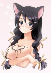 Rule 34 | 10s, 1girl, animal ears, bakemonogatari, black eyes, black hair, blush, braid, breast hold, breast lift, breasts, candy, cat ears, cat girl, chocolate, chocolate heart, chocolate on body, chocolate on breasts, cleavage, completely nude, ekra, female focus, food, food on body, glasses, hair ornament, hair ribbon, hairclip, hanekawa tsubasa, heart, large breasts, light smile, monogatari (series), nekomonogatari, nude, paw print, pink background, ribbon, simple background, solo, topless frame, twin braids, upper body
