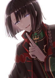 Rule 34 | 1boy, absurdres, black coat, black hair, braid, braided ponytail, changpao, chinese clothes, coat, curtained hair, fate/grand order, fate (series), gold trim, high collar, highres, index finger raised, jewelry, long hair, long sleeves, looking at viewer, male focus, open mouth, purple eyes, red trim, shirt, simple background, smile, solo, tai gong wang (fate), upper body, waonwaon2121, white background