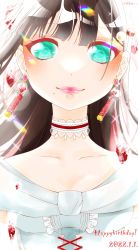 Rule 34 | 1girl, aqua eyes, artist name, artist request, bare shoulders, black hair, blunt bangs, center frills, close-up, collarbone, cross-laced clothes, cross-laced dress, detached collar, double horizontal stripe, dress, earrings, female focus, frills, green eyes, highres, jewelry, kurosawa dia, long hair, looking at viewer, love live!, love live! sunshine!!, mole, mole under mouth, solo, sparkle, upper body, white detached collar, white dress
