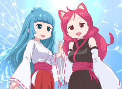 Rule 34 | 2girls, :3, ahoge, animal ears, bare shoulders, blue eyes, blue hair, bow, breasts, cat ears, commentary request, creator connection, crossover, girl (taremayu) (irodori), japanese clothes, kemurikusa, long hair, long sleeves, multiple girls, open mouth, red bow, red eyes, red hair, red sash, ribbon-trimmed sleeves, ribbon trim, ritsu (kemurikusa), sash, sleeves past fingers, sleeves past wrists, smile, tamagoya, taremayu (irodori), water, wide sleeves