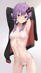 Rule 34 | 1girl, absurdres, ahoge, arms up, bikini, blush, breasts, cowboy shot, expressionless, hair ornament, highres, jacket, looking at viewer, micro bikini, navel, open clothes, open jacket, parted lips, penguin (dx19291005), purple eyes, purple hair, short hair with long locks, small breasts, solo, swimsuit, vocaloid, voiceroid, white bikini, yuzuki yukari