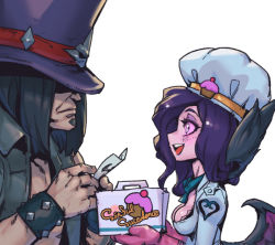 Rule 34 | 1boy, 1girl, :d, black hair, blush, breasts, chef hat, cleavage, facial hair, from side, goatee, grey background, hat, holding, jacket, league of legends, long hair, medium breasts, mittens, morgana (league of legends), official alternate costume, open clothes, open jacket, open mouth, pentakill yorick, phantom ix row, shaded face, simple background, sinful succulence morgana, smile, teeth, tongue, top hat, upper teeth only, wings, yorick (league of legends)