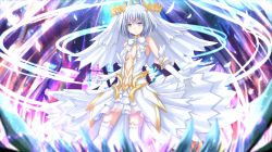 Rule 34 | 10s, 1girl, blue eyes, bow, crown, date a live, dress, elbow gloves, english text, full body, gloves, highres, jewelry, kazenokaze, outstretched arms, parted lips, ring, silver hair, sleeveless, sleeveless dress, solo, spoilers, spread arms, thighhighs, tobiichi origami, veil, white background, white gloves, white thighhighs