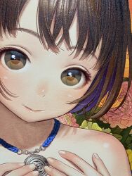 Rule 34 | 1girl, apron, bare shoulders, brown apron, brown hair, close-up, closed mouth, colored inner hair, fingernails, flower, hands on own chest, highres, jewelry, looking at viewer, multicolored hair, murata range, necklace, original, pink flower, portrait, purple hair, short hair, solo