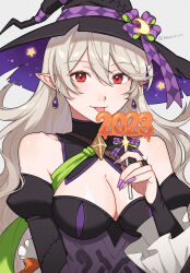 Rule 34 | 1girl, 2023, :p, bare shoulders, black dress, black hat, breasts, bridal gauntlets, cleavage, commentary request, corrin (female) (fire emblem), corrin (female) (halloween) (fire emblem), corrin (fire emblem), dress, fire emblem, fire emblem fates, fire emblem heroes, frilled sleeves, frills, grey hair, halloween, halloween costume, hand up, hat, highres, holding, juliet sleeves, long hair, long sleeves, looking at viewer, medium breasts, nail polish, nintendo, off-shoulder dress, off shoulder, official alternate costume, peach11 01, pointy ears, puffy sleeves, purple nails, red eyes, smile, solo, tongue, tongue out, upper body, very long hair, witch, witch hat