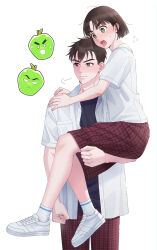 Rule 34 | 1boy, 1girl, :d, after school lessons for unripe apples, apple, black shirt, blush, bob cut, brown pants, brown skirt, carrying, clenched hand, commentary, flying sweatdrops, food, frown, fruit, green apple, hetero, highres, hwang mi-ae, kim cheol, open mouth, pants, plaid, plaid pants, plaid skirt, pocket, scar, scar on face, school uniform, shirt, shoes, short hair, short sleeves, skirt, smile, socks, standing, symbol-only commentary, thick eyebrows, unjem, white background, white footwear, white shirt, white socks