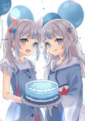 Rule 34 | 2girls, animal ears, balloon, birthday, birthday cake, blue eyes, blue hair, blush, cake, cat ears, fins, fish tail, food, gawr gura, gawr gura (casual), hair ornament, hololive, hololive english, hood, licking lips, looking at viewer, multicolored hair, multiple girls, open mouth, shark tail, sharp teeth, smile, streaked hair, tail, teeth, tongue, tongue out, virtual youtuber, white hair