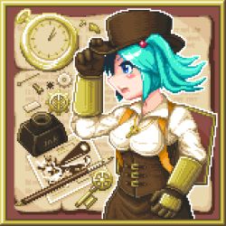 Rule 34 | 1girl, alternate costume, arm up, backpack, bag, blue eyes, blue hair, breasts, female focus, framed, gears, gloves, hair bobbles, hair ornament, hat, holding, holding hat, inkwell, kawashiro nitori, key, long sleeves, looking away, lowres, matching hair/eyes, mizusuke, ootsue iichi, open mouth, pen, pixel art, pocket watch, randoseru, short hair, solo, steampunk, top hat, touhou, twintails, two side up, watch