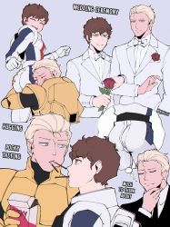 Rule 34 | 2boys, amuro ray, ass, ass focus, bad id, bad twitter id, belt, black belt, black bodysuit, black neckwear, black suit, blonde hair, blue bodysuit, blue eyes, blush stickers, bodysuit, boutonniere, brown hair, cape, char aznable, curly hair, earth federation, english text, eye contact, flower, food, formal, gundam, hair slicked back, hand on own chin, head on ass, highres, hug, huge ass, husband and husband, jacket, jumpsuit, kyou (ningiou), locked arms, looking at another, male focus, military, multicolored bodysuit, multicolored clothes, multiple boys, pocky, red bodysuit, red flower, red rose, rose, skin tight, smile, stroking own chin, suit, thought bubble, toned, toned male, twitter username, wedding, white belt, white neckwear, white suit, yaoi, yellow bodysuit