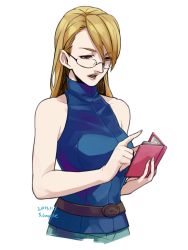 Rule 34 | 1girl, belt, blonde hair, book, brown eyes, glasses, ace attorney, phoenix wright: ace attorney - justice for all, halterneck, adrian andrews, long hair, sleeveless, sleeveless turtleneck, solo, suzuki hayase, turtleneck, white background
