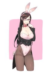 Rule 34 | 1girl, animal ears, black-framed eyewear, black hair, black pantyhose, bow, bowtie, breasts, cleavage, commentary request, cowboy shot, detached collar, fake animal ears, glasses, gloves, highres, large breasts, leotard, long hair, looking at viewer, original, outside border, pantyhose, pink background, playboy bunny, rabbit ears, red bow, red bowtie, red eyes, simple background, solo, strapless, strapless leotard, tailcoat, thighband pantyhose, two-tone background, white background, white gloves, white leotard, yuuji (and)