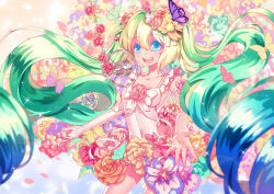 Rule 34 | 1girl, bad id, bad pixiv id, blue eyes, bug, butterfly, elbow gloves, flower, gloves, green hair, hair flower, hair ornament, hatsune miku, bug, long hair, microphone, navel, open mouth, single glove, solo, sougishi ego, twintails, very long hair, vocaloid