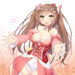 Rule 34 | 1girl, 47agdragon, :d, blush, breasts, brown hair, commentary request, cowboy shot, detached collar, detached sleeves, headgear, heart, highres, indie virtual youtuber, large breasts, long hair, looking at viewer, open mouth, original, outstretched arms, pink skirt, robot ears, skirt, smile, solo, standing, thigh gap, underbust, virtual youtuber, yellow eyes, yui maidroid