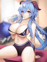 Rule 34 | 1girl, absurdres, ahoge, alternate breast size, arm support, bare arms, bare shoulders, bikini, bikini top only, black shorts, blue hair, blurry, blurry background, bottle, breasts, ganyu (genshin impact), genshin impact, hair between eyes, hand up, highres, holding, holding bottle, horns, indoors, large breasts, long hair, looking at viewer, navel, purple eyes, short shorts, shorts, smile, solo, stomach, swimsuit, thighs, very long hair, water bottle, yaomeii