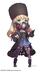Rule 34 | 1girl, artist request, black gloves, blonde hair, bustier, chibi, choker, code vein, commentary request, full body, fur hat, fur trim, gas mask, gloves, green eyes, hand on own hip, hat, highres, long coat, looking at viewer, mask, mia karnstein, papakha, skirt, solo, thighhighs, twintails, white background, yoshizaki mine