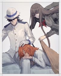 Rule 34 | 1boy, 2girls, black hair, black scarf, black serafuku, blanket, blue eyes, blunt bangs, border, brown hair, buttons, closed eyes, closed mouth, covering with blanket, fate/grand order, fate (series), fedora, feet out of frame, floating, fujimaru ritsuka (female), hair over one eye, hand in own hair, hand on another&#039;s head, hat, highres, holding, holding blanket, jacket, lap pillow, long hair, looking at another, low ponytail, lying, medium hair, multiple girls, neckerchief, orange hair, oryou (fate), pants, red eyes, red neckerchief, sakamoto ryouma (fate), scarf, school uniform, serafuku, shirt, sitting, tearing up, upper body, uro (kyoka315), white border, white headwear, white jacket, white pants, white shirt