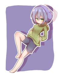 Rule 34 | 1girl, absurdres, barefoot, blue hair, blue shorts, blueberry, blush, closed mouth, commentary request, earmuffs, food, fruit, full body, green eyes, green hoodie, hair between eyes, highres, hood, hood down, hoodie, idaten93, looking at viewer, original, personification, purple background, short shorts, shorts, solo, two-tone background, white background