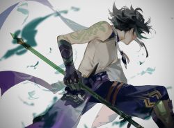 Rule 34 | 1boy, arm tattoo, bead necklace, beads, black hair, from behind, genshin impact, gloves, green hair, grey background, highres, holding, holding polearm, holding weapon, jewelry, male focus, mask, multicolored hair, necklace, polearm, simple background, solo, spear, tassel, tattoo, weapon, xiao (genshin impact), zuu (kyuudo9)
