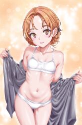 1girl bra braid collarbone commentary_request girls_und_panzer grey_shirt highres looking_at_viewer navel open_clothes open_shirt orange_background orange_eyes orange_hair orange_pekoe_(girls_und_panzer) panties parted_bangs pele_maniax shirt short_hair solo thigh_gap training_bra twin_braids underwear underwear_only white_bra white_panties