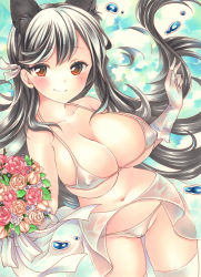 Rule 34 | 1girl, animal ears, atago (azur lane), azur lane, bare shoulders, bikini, black hair, bouquet, breasts, cameltoe, cleavage, closed mouth, collarbone, covered erect nipples, dog ears, extra ears, flower, gloves, hair ribbon, highres, holding, holding bouquet, large breasts, leaf, long hair, looking at viewer, marker (medium), mole, mole under eye, orange eyes, orange flower, orange rose, red flower, red rose, ribbon, rose, saya pr, smile, solo, swimsuit, thighhighs, traditional media, underboob, white bikini, white gloves, white ribbon, white thighhighs