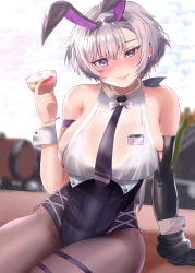 Rule 34 | 1girl, akuakuran, alcohol, animal ears, arm strap, azur lane, bare shoulders, black hairband, black leotard, black neckwear, black pantyhose, blurry, blurry background, blush, bow, bowtie, breasts, closed mouth, collarbone, collared shirt, commentary request, cowboy shot, cup, drinking glass, drunk, earrings, elbow gloves, fake animal ears, gloves, hair between eyes, hairband, head tilt, highres, holding, holding cup, jewelry, large breasts, leotard, leotard under clothes, long hair, looking at viewer, low ponytail, metal gloves, necktie, nose blush, official alternate costume, pantyhose, parted hair, playboy bunny, purple eyes, rabbit ears, reno (azur lane), reno (reno bunnino) (azur lane), see-through, see-through shirt, shadow, shirt, side-tie leotard, sideboob, sidelocks, single elbow glove, sitting, skindentation, sleeveless, sleeveless shirt, smile, solo, stud earrings, thigh strap, uneven eyes, white bow, white bowtie, wine, wine glass, wrist cuffs