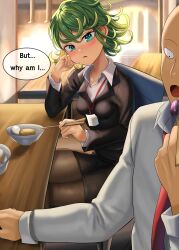Rule 34 | absurdres, bald, blush, breasts, business suit, formal, green eyes, green hair, highres, leggings, one-punch man, rkrk12, saitama (one-punch man), small breasts, suit, tatsumaki
