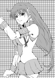 Rule 34 | 1girl, bare shoulders, collar, detached sleeves, greyscale, hair ornament, hairpin, long hair, long sleeves, looking at viewer, monochrome, os-tan, plaid, plaid background, pleated skirt, shirt, simple background, skirt, sleeveless, sleeveless shirt, smile, solo, thighhighs, very long hair, xp-tan, zettai ryouiki