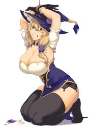 Rule 34 | 1girl, absurdres, armpits, black gloves, blonde hair, blush, bound, bound wrists, breasts, detached sleeves, dress, dyun, full body, genshin impact, gloves, green eyes, hair between eyes, hair over shoulder, hands up, hat, highres, huge breasts, jewelry, kneeling, lisa (genshin impact), long hair, looking at viewer, necklace, pelvic curtain, puffy detached sleeves, puffy short sleeves, puffy sleeves, purple dress, purple hat, short sleeves, simple background, skindentation, solo, thick thighs, thighhighs, thighs, tiptoes, unworn jewelry, unworn necklace, white background, wide-eyed, witch hat
