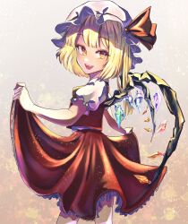 Rule 34 | 1girl, blonde hair, brown background, clothes lift, commentary, crystal, flandre scarlet, gradient background, hat, hat ribbon, highres, jikokenjiyoku 1, lifted by self, looking at viewer, mob cap, one side up, red ribbon, red skirt, ribbon, short sleeves, skirt, skirt lift, solo, touhou, white hat, wings, yellow eyes