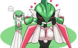 Rule 34 | ..., 2girls, arm blade, artist name, black skin, blush, bob cut, breasts, closed eyes, closed mouth, collarbone, colored skin, creatures (company), crossed arms, domidori, expressionless, expressive hair, female focus, flat chest, game freak, gardevoir, gen 3 pokemon, gen 4 pokemon, green background, green hair, green skin, hair between eyes, half-closed eyes, hands on own cheeks, hands on own face, hands up, heart, highres, humanoid robot, iron valiant, jitome, joints, light blush, looking at another, medium breasts, medium hair, mohawk, motion lines, multicolored hair, multicolored skin, multiple girls, nintendo, no mouth, pokemon, pokemon (creature), red eyes, red hair, robot, robot girl, robot joints, shiny skin, short hair, signature, simple background, spoken ellipsis, thought bubble, twintails, two-tone background, two-tone hair, two-tone skin, u u, weapon, white skin, yuri