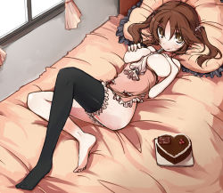 Rule 34 | 10s, 1girl, apron, bad id, bad pixiv id, barefoot, bed, between breasts, breasts, brown eyes, brown hair, cake, endou chihiro, feet, female focus, food, frills, highres, idolmaster, idolmaster cinderella girls, large breasts, licking lips, looking at viewer, lying, naked apron, no shoes, on back, pastry bag, single thighhigh, smile, solo, thighhighs, tongue, tongue out, totoki airi, twintails