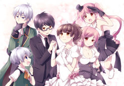 Rule 34 | 3boys, 3girls, blush, breasts, brothers, brown hair, cleavage, coat, dress, glasses, gloves, holding hands, long hair, multiple boys, multiple girls, nya?, nyaa (nnekoron), open mouth, pink hair, short hair, siblings, silver hair, sisters, smile, trench coat, twintails