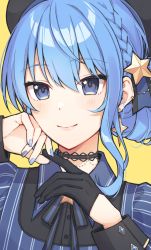 Rule 34 | 1girl, black gloves, blue eyes, blue hair, blue nails, bow, bowtie, braid, close-up, collared shirt, earrings, french braid, gloves, hair ornament, half gloves, highres, hololive, hoshimachi suisei, jewelry, nail polish, puunyannyan, shirt, simple background, single glove, smile, solo, star (symbol), star hair ornament, virtual youtuber, yellow background