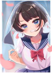 Rule 34 | 1girl, black hair, blue eyes, blue sailor collar, bow, bowtie, collarbone, commentary request, curtains, grin, highres, hololive, imoricohafu, looking at viewer, oozora subaru, petals, red bow, red bowtie, sailor collar, sailor shirt, shirt, short sleeves, skirt, smile, solo, teeth, virtual youtuber, white shirt