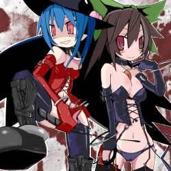 Rule 34 | 2girls, bad id, bad pixiv id, bdsm, between breasts, blue hair, boots, bow, breasts, brown background, brown hair, choker, cleavage, collar, dominatrix, female focus, food, fruit, garter straps, groin, hair bow, hair ornament, hat, hinanawi tenshi, holding, holding riding crop, leather, long hair, multiple girls, navel, no nose, peach, red eyes, reiuji utsuho, riding crop, tetsurou (fe+), thighhighs, touhou, whip