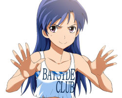 Rule 34 | 00s, 1girl, a1 (initial-g), bare shoulders, blue hair, brown eyes, closed mouth, idolmaster, idolmaster (classic), idolmaster 1, kisaragi chihaya, long hair, looking at viewer, shirt, simple background, sleeveless, sleeveless shirt, smirk, solo, spread fingers, tank top, upper body, very long hair, white background
