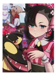 Rule 34 | 0roshioji3ran, 2girls, asymmetrical bangs, bea (palentine&#039;s 2022) (pokemon), bea (pokemon), black hair, black nails, blonde hair, blush, border, box, brown skirt, closed mouth, collared dress, commentary request, creatures (company), dress, earrings, eyelashes, game freak, gen 3 pokemon, gen 5 pokemon, gen 8 pokemon, gift, gift box, green eyes, hair ribbon, hairband, highres, holding, holding box, jewelry, marnie (palentine&#039;s 2022) (pokemon), marnie (pokemon), mawile, medium hair, morpeko, morpeko (hangry), multiple girls, nail polish, nintendo, official alternate costume, pink ribbon, pokemon, pokemon (creature), pokemon masters ex, red scarf, ribbon, scarf, short hair, short sleeves, skirt, smile, sparkle, split mouth, sweater, twitter username, valentine, vanilluxe, white border, white sweater, wrist cuffs