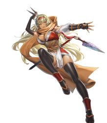 Rule 34 | 1girl, alternate costume, black thighhighs, blonde hair, breasts, cleavage, cleavage cutout, clothing cutout, cuboon, dark-skinned female, dark skin, female focus, fire emblem, fire emblem: the binding blade, fire emblem heroes, full body, highres, holding, holding knife, holding weapon, igrene (fire emblem), igrene (ninja) (fire emblem)scarf, japanese clothes, knife, kunai, large breasts, long hair, matching hair/eyes, mole, mole under eye, ninja, nintendo, official alternate costume, official art, pelvic curtain, sheath, sheathed, solo, sword, thigh strap, thighhighs, thighs, throwing, transparent background, weapon, yellow eyes