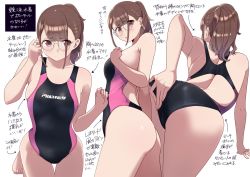 Rule 34 | 1girl, arm support, ass, breasts, brown hair, competition swimsuit, from behind, glasses, kuro (toi et moi), looking at viewer, multiple views, one-piece swimsuit, open mouth, original, ponytail, red eyes, sideboob, swimsuit, thighs, white background