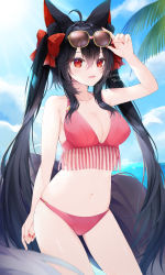 Rule 34 | 1girl, 95kazumi, adjusting eyewear, ahoge, animal ears, arm up, bare arms, bare shoulders, bikini, black hair, bow, breasts, cleavage, collarbone, commission, cowboy shot, day, eyewear on head, fox ears, fox girl, fox tail, hair bow, halterneck, hand on eyewear, highres, large breasts, large tail, light rays, long hair, looking at viewer, nail polish, navel, open mouth, original, outdoors, pink bikini, red eyes, red nails, sidelocks, skeb commission, smile, solo, standing, stomach, string bikini, sunbeam, sunglasses, sunlight, swimsuit, tail, thighs, twintails, very long hair