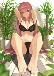 Rule 34 | 1girl, armpits, arms up, barefoot, black bra, black panties, bra, breasts, cleavage, fate/grand order, fate (series), feet, foot focus, foreshortening, highres, indoors, large breasts, long hair, looking at viewer, navel, panties, parted lips, plant, purple hair, red eyes, scathach (fate), sidelocks, sitting, solo, throtem, toes, underwear, underwear only, very long hair