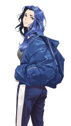 Rule 34 | 1girl, bag, blue hair, blue jacket, blue pants, breasts, brown eyes, from behind, grey shirt, hair over shoulder, highres, jacket, long hair, looking at viewer, looking back, medium breasts, original, pants, parted lips, shirt, simple background, solo, striped clothes, striped pants, tbocart, track pants, white background