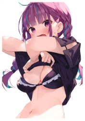 Rule 34 | 1girl, absurdres, blue eyes, blush, breasts, frills, gaou (umaiyo puyoman), highres, hololive, lifted by self, looking at viewer, medium breasts, minato aqua, multicolored hair, navel, open mouth, purple eyes, purple hair, scan, simple background, solo, stomach, upper body, virtual youtuber