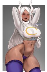 Rule 34 | 1girl, :d, abs, animal ears, arms behind head, arms up, artist name, boku no hero academia, border, breasts, chaichne, commentary, contrapposto, crescent print, curvy, dark-skinned female, dark skin, english commentary, fur collar, grey background, highleg, highleg panties, highres, large breasts, long eyelashes, long hair, looking at viewer, mirko, navel, open mouth, panties, parted bangs, purple panties, purple thighhighs, rabbit ears, rabbit girl, red eyes, shirt, skindentation, smile, solo, stomach, taut clothes, taut shirt, thick thighs, thighhighs, thighs, toned, underwear, very long hair, white border, white hair, white shirt, wide hips