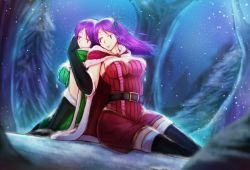 Rule 34 | 2girls, bad id, bad pixiv id, boots, leblanc (league of legends), closed eyes, league of legends, long hair, mistletoe leblanc, multiple girls, multiple persona, oldlim, sky, snow, snowing, tears, thigh boots, thighhighs, tree