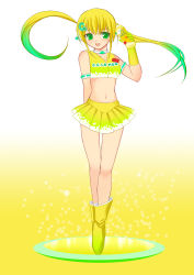 Rule 34 | 1girl, arm behind back, armband, bare shoulders, blonde hair, boots, c.c. lemon, c.c. lemon (character), choker, crop top, gloves, green eyes, highres, midriff, miracle hoshi, multicolored hair, navel, open mouth, skirt, smile, solo, thigh gap, tiptoes, twintails, two-tone hair, yellow theme