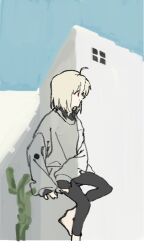 Rule 34 | 1girl, a channel, ahoge, alternate costume, barefoot, black leggings, black shirt, blonde hair, blue sky, building, cactus, closed mouth, commentary request, cropped legs, day, double exposure, from side, funao oekaki, invisible chair, leggings, long sleeves, looking ahead, medium hair, momoki run, profile, red eyes, shirt, shirt under sweater, sitting, sky, sleeves past wrists, smile, solo, sweater