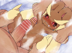 Rule 34 | 3boys, animal hands, animal nose, arm grab, bar censor, blush, body fur, brown fur, censored, clenched teeth, creatures (company), crying, crying with eyes open, erection, foreskin, from above, furry, furry male, furry with non-furry, game freak, gen 4 pokemon, highres, imminent anal, imminent penetration, interspecies, leg grab, lopunny, lying, male focus, multiple boys, multiple penises, nintendo, nude, on back, parted lips, penis, pokemon, pokemon (creature), pokephilia, precum, rabbit boy, rabbit ears, red eyes, restrained, solo focus, spread legs, sweat, tears, teeth, testicles, veins, veiny penis, wavy mouth, yaoi, yellow fur, yousan (pixiv540898)